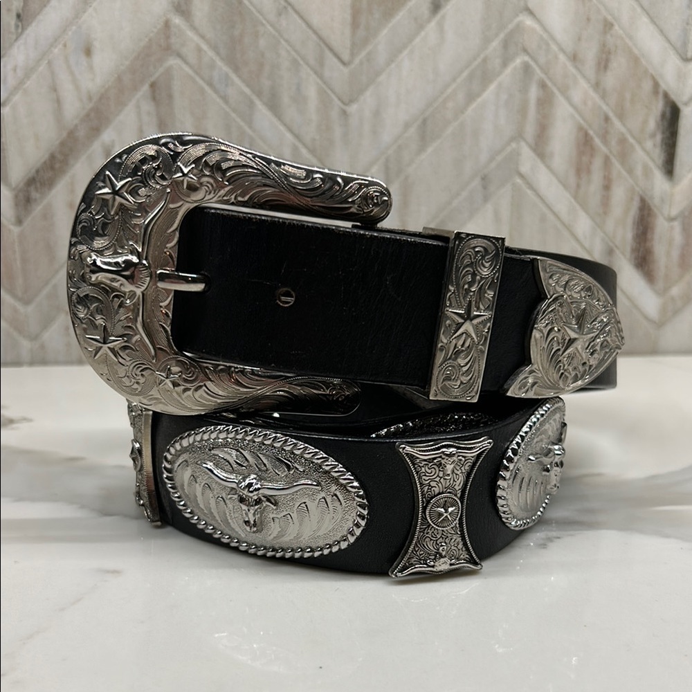 Black Men’s Western Leather Belt with Silver Buckle XL 40+